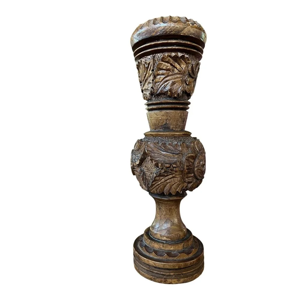Hand Carved Floral Wooden Vase Rustic Artisan Decorative‎ Wood Sculpture Vessel